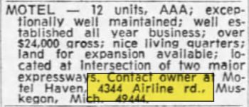 Airline Motel (Motel Haven) - Aug 1967 For Sale Ad